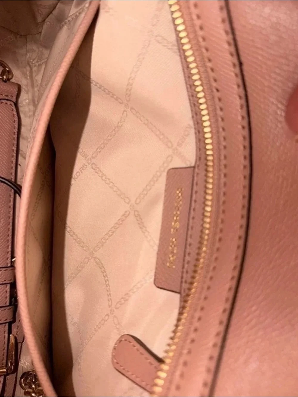 Michael Kors Pale Pink and White Saffiano Leather Satchel with Gold Chain